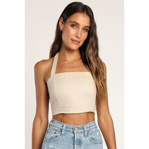 Lulus Double Digits Beige Linen Halter Crop Top - Size XL